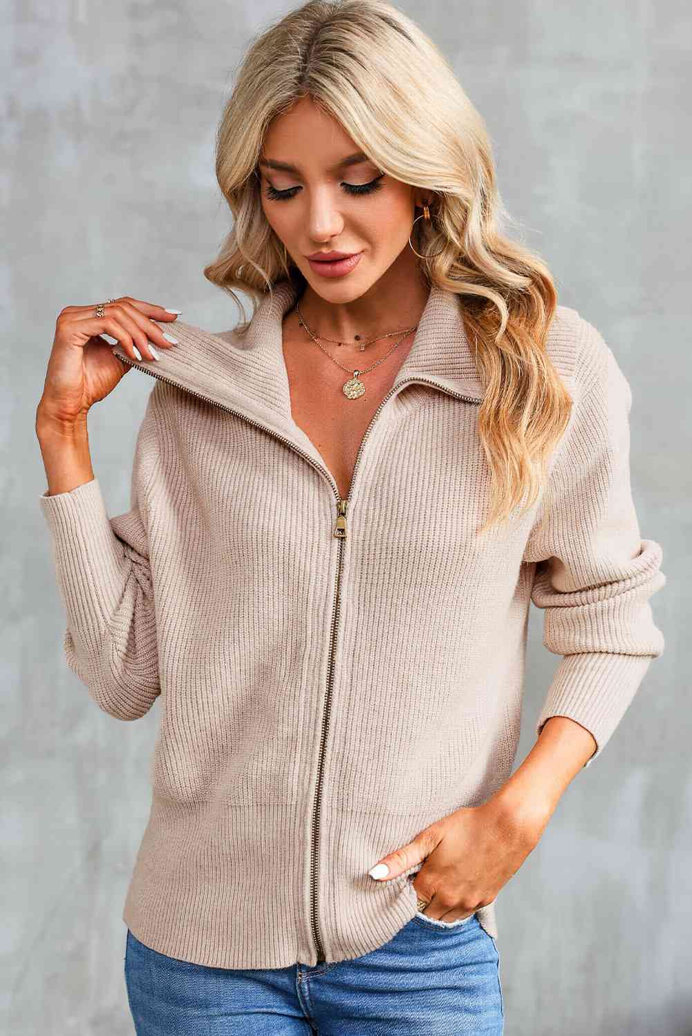 Full Size Zip-Up Collared Cardigan