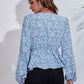Floral V-Neck Balloon Sleeve Peplum Blouse