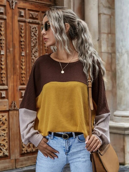 Full Size Color Block Waffle-Knit Long Sleeve Top