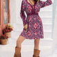 Purple V-Neck Long Sleeve Printed Mini Dress