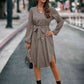 Printed Notched Tie Front Long Sleeve Dress