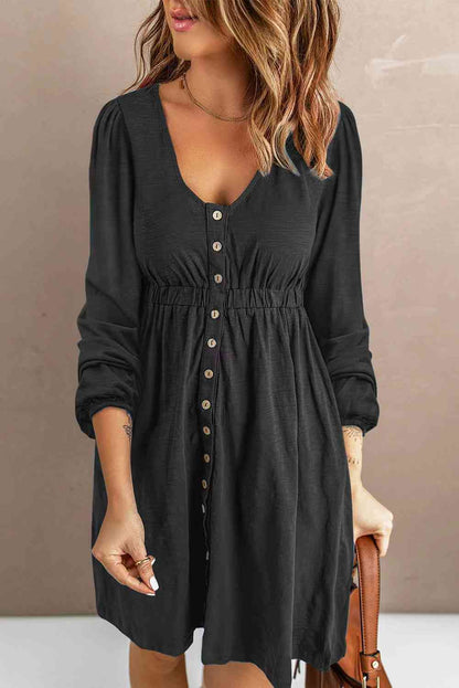 Full Size Scoop Neck Empire Waist Long Sleeve Mini Dress