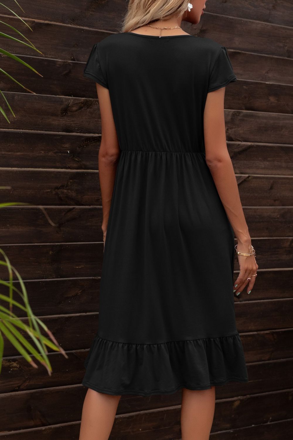 Casual Full Size Run Round Neck Ruffle Hem Pocket Dress in Black