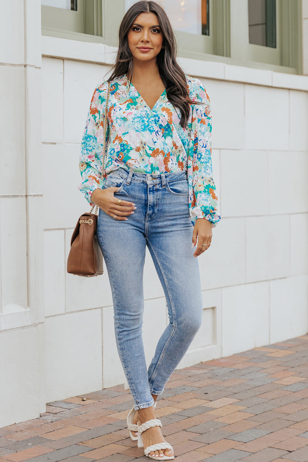 Women's Floral Long Balloon Sleeve Blouse