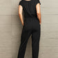 Black Boat Neck Short Sleeve Jumpsuit with Pockets