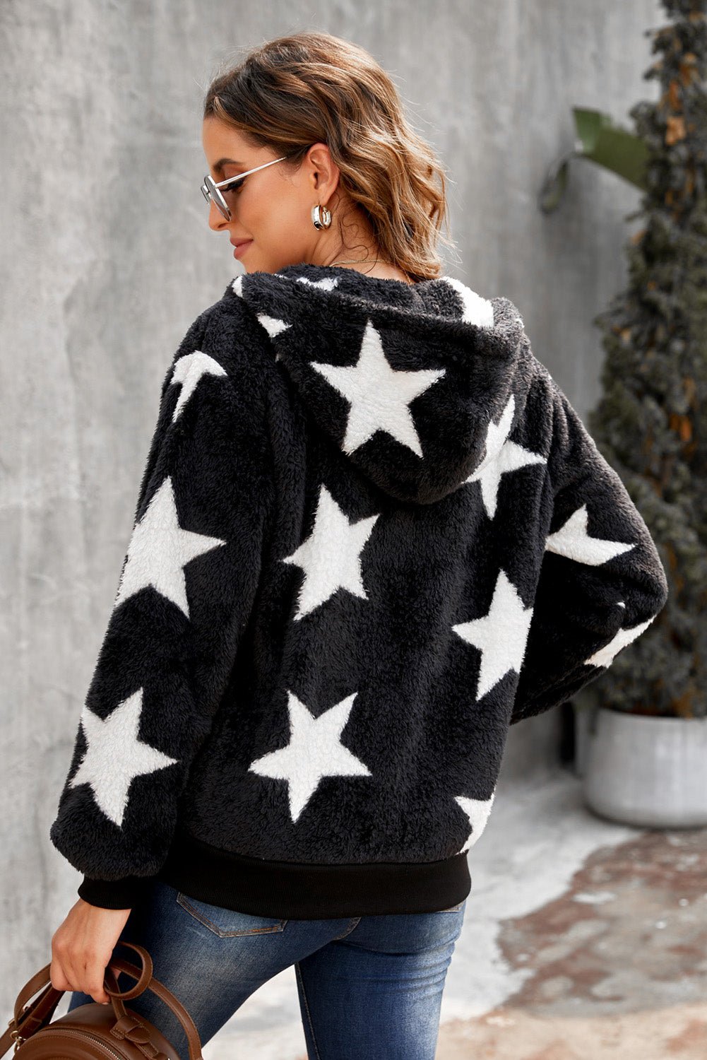 Women's Sophia & Grace Full Size Star Print Zipper Fleece Hooded Coat