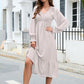 Swiss Dot V-Neck Smocked Lantern Sleeve Ruffle Hem Dress