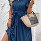 SO JAMAH Tie Neck Belted Pleated Dress