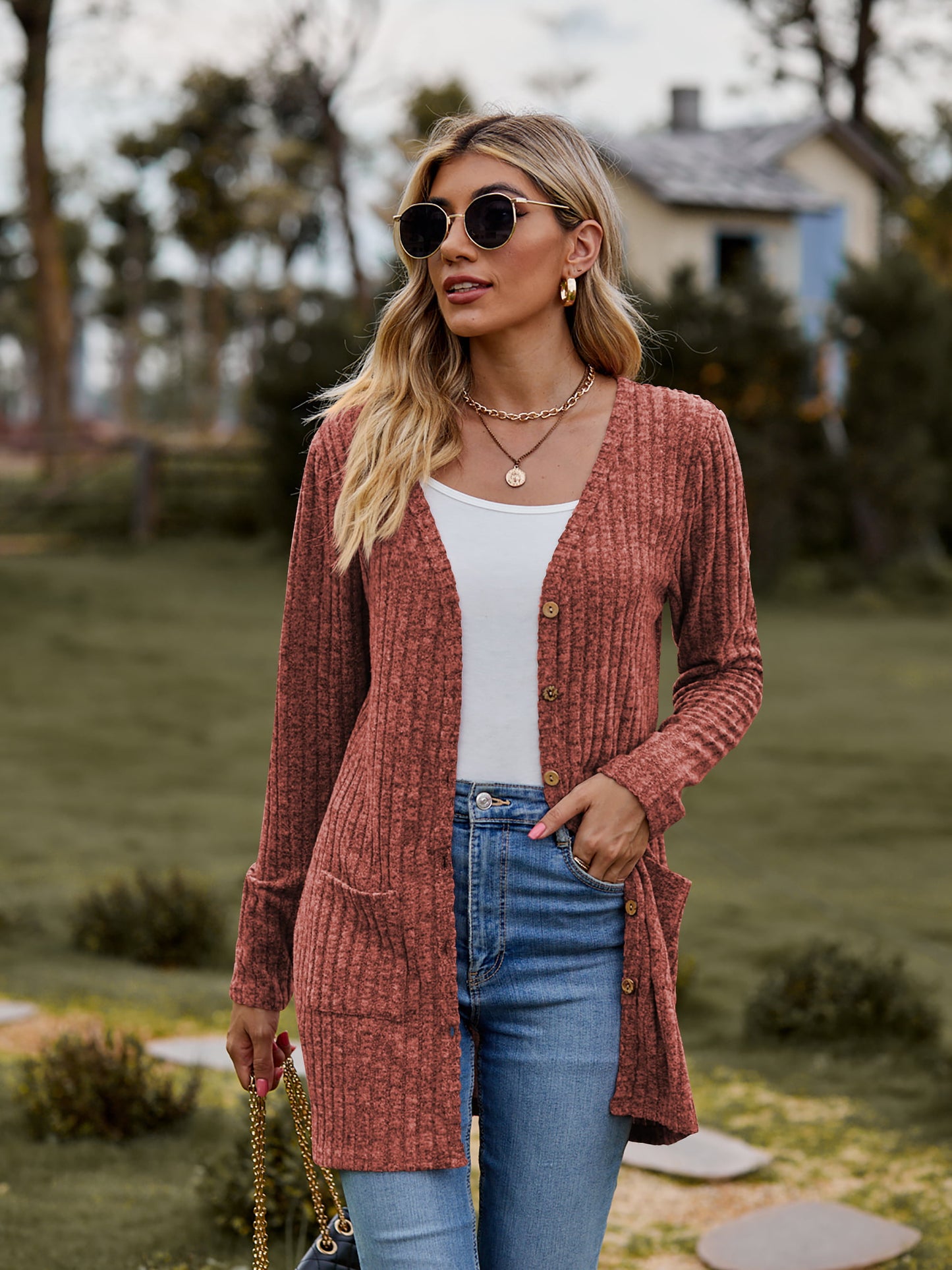 Full Size Ribbed Button-UP Cardigan with Pockets