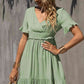 Women's Gum Leaf Green Smocked Waist Flounce Sleeve Ruffle Hem Dress