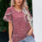 Women's Printed Pom Pom Detail Petal Sleeve Blouse