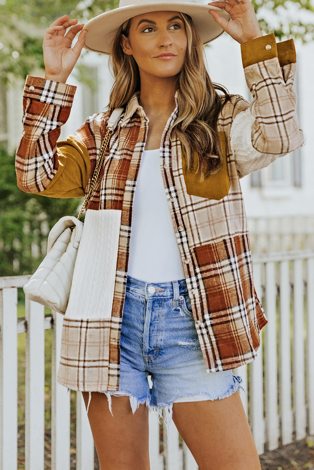 Women's Full Size Plaid Color Block Dropped Shoulder Shacket