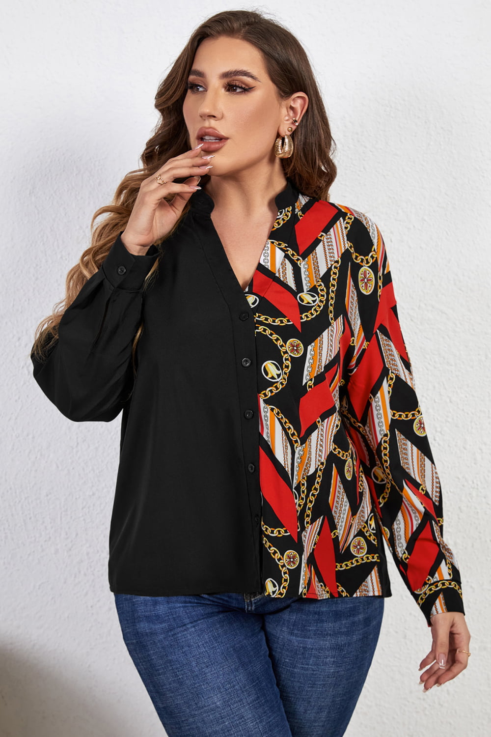 Melo Apparel Plus Size Contrast Color Notched Neck Shirt