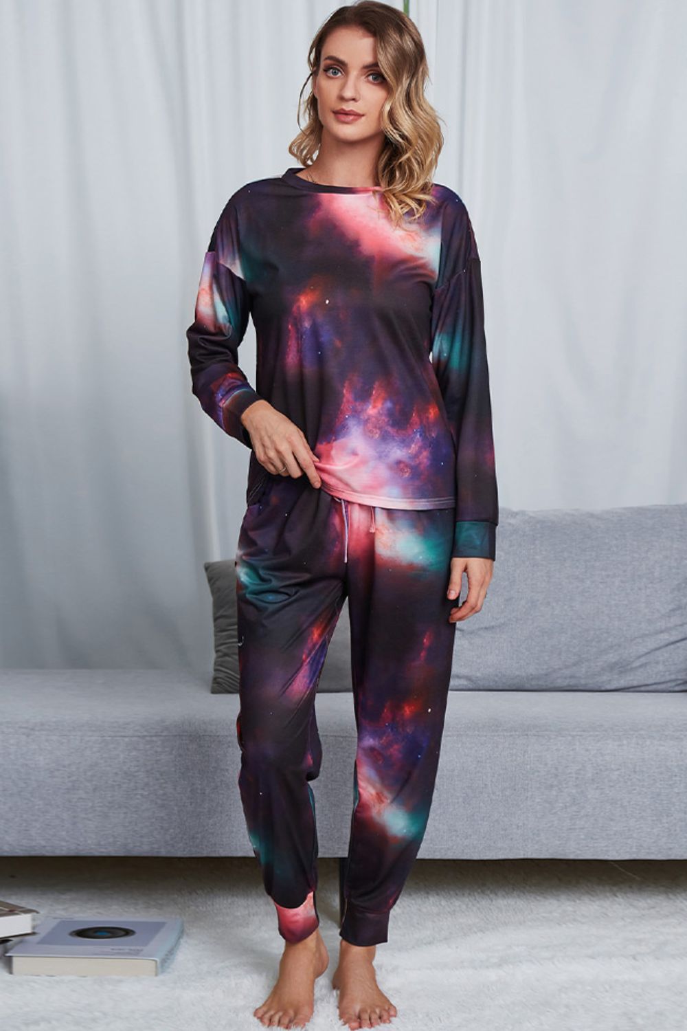 Women's Tie-Dye Crewneck Top and Drawstring Waist Joggers Lounge Set