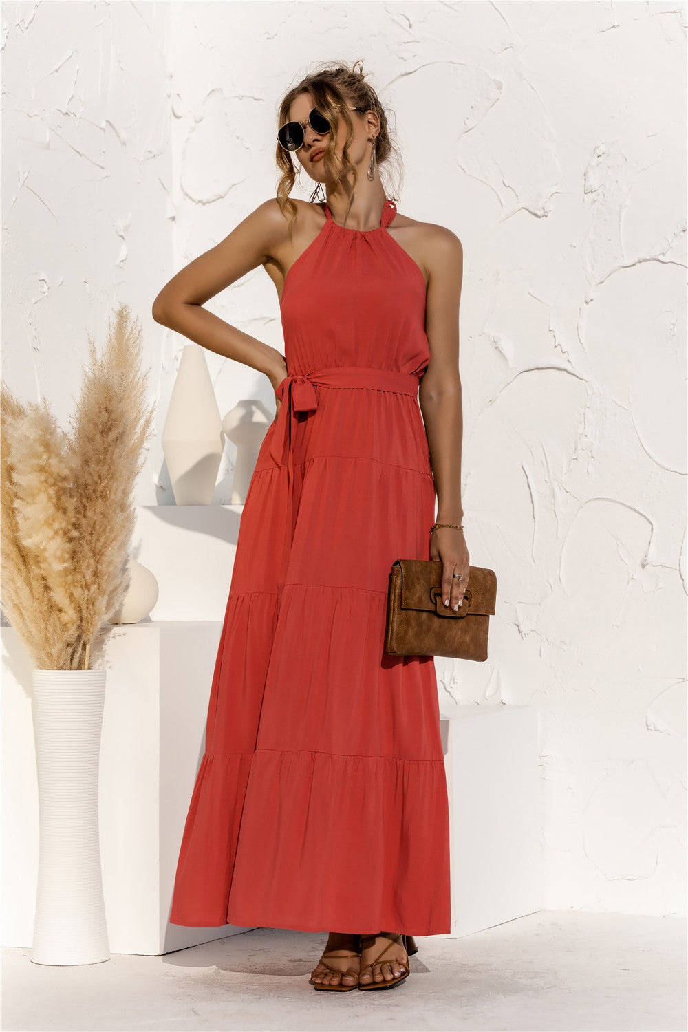 Women's Halter Neck Tie Waist Tiered Maxi Dress