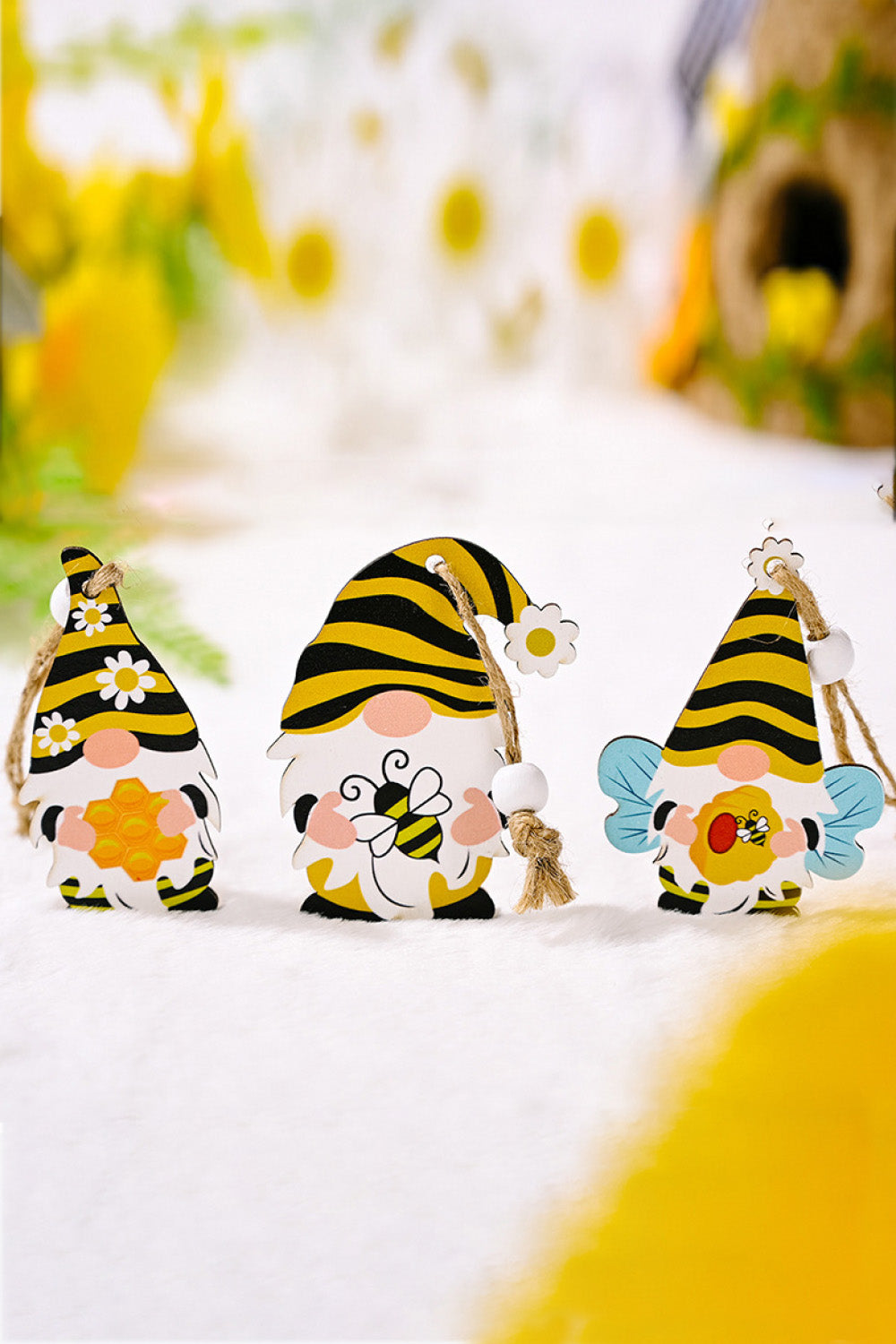 Hanging 3-Pack Bee Themed Wood Gnome Ornaments