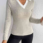 Khaki Brown Ribbed Johnny Collar Long Sleeve Blouse