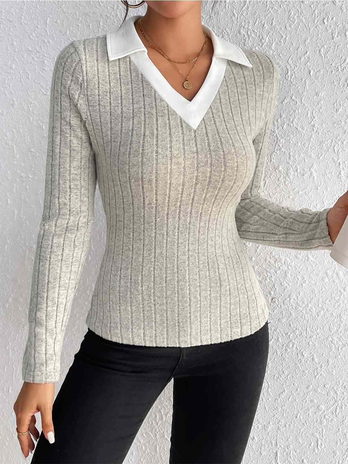 Khaki Brown Ribbed Johnny Collar Long Sleeve Blouse