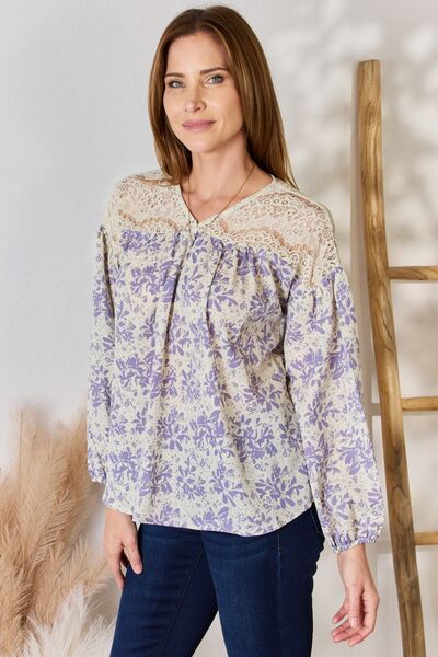 Hailey & Co Full Size Lace Detail Printed Blouse *