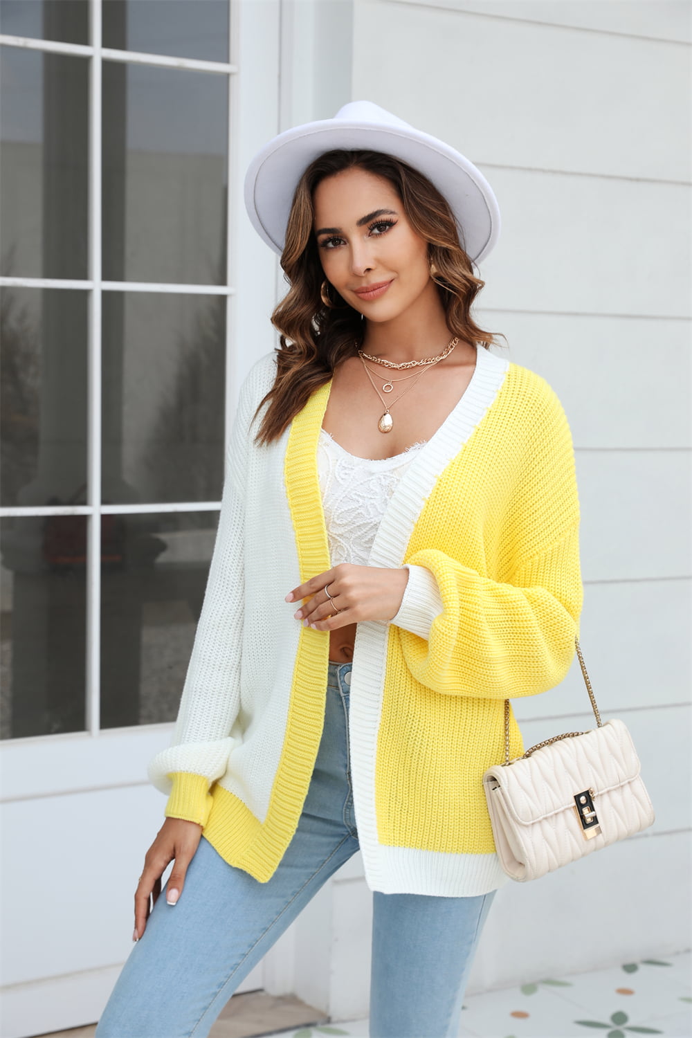 Sophia & Grace Open Front Contrast Color Balloon Sleeve Cardigan