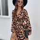 OhSoMini Caramel Brown Printed Surplice Long Sleeve Dress