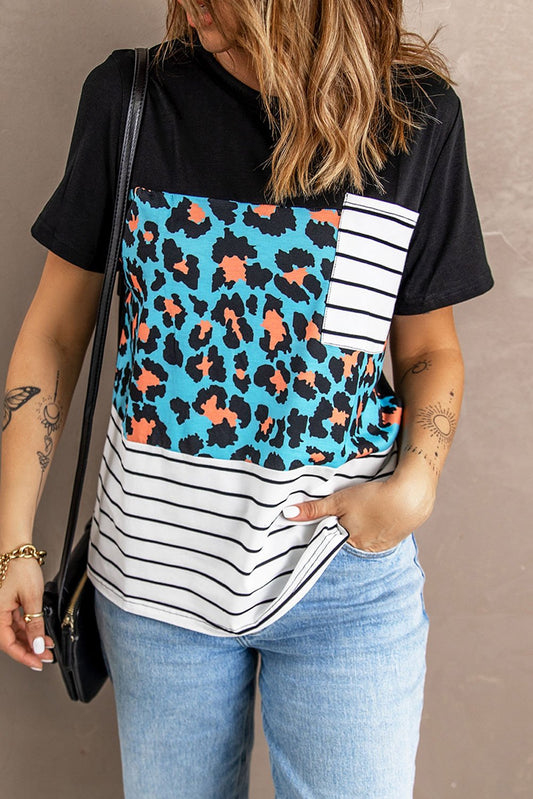 Women's Full Size Mixed Print Color Block Round Neck Tee Shirt