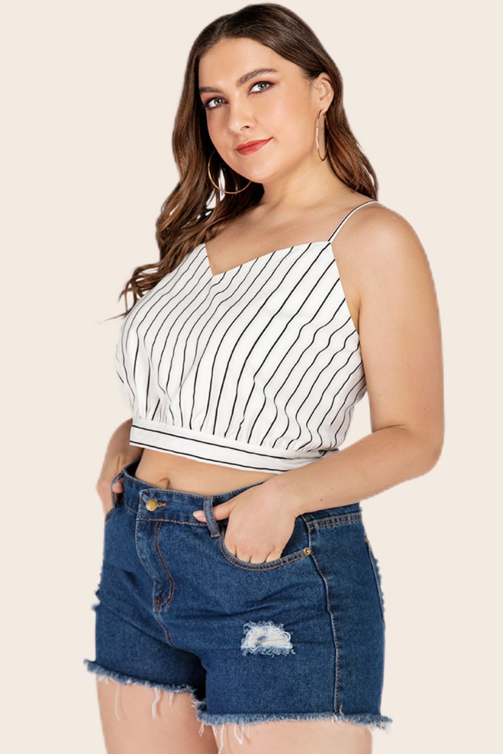 Women's Plus Size Striped Tie-Back Cropped Cami