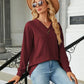 Full Size Decorative Button V-Neck Long Sleeve T-Shirt