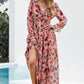Women's Floral Frill Trim Flounce Sleeve Plunge Maxi Dress