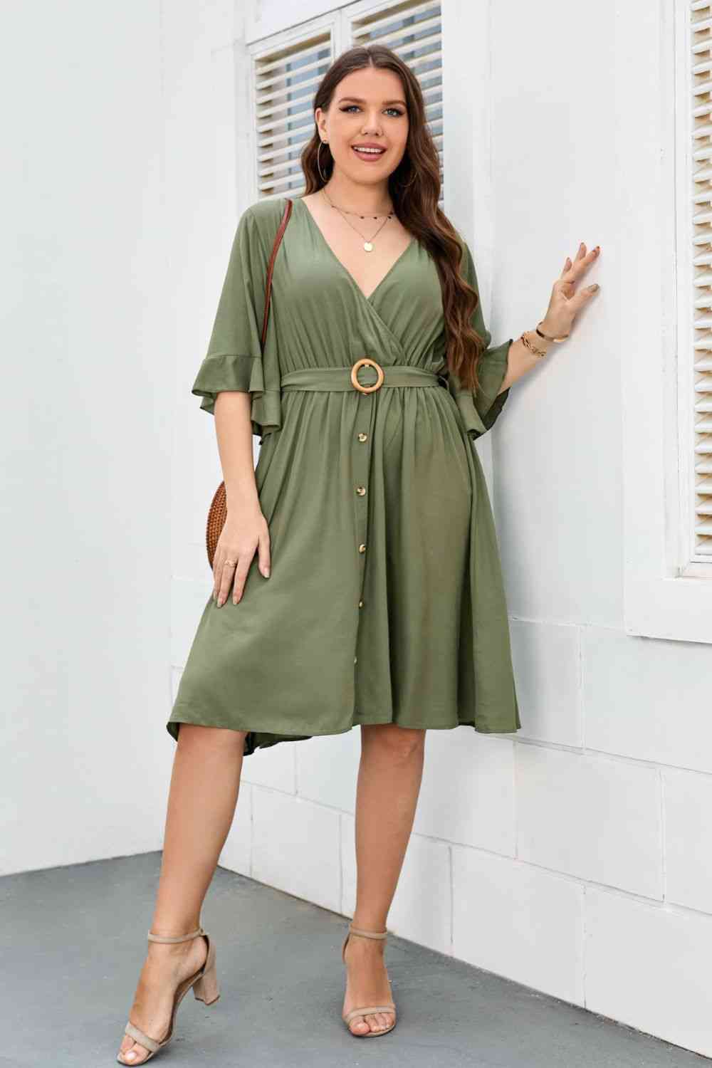 Plus Size Moss Green Surplice Neck Half Sleeve Dress