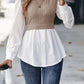 Full Size Contrast Round Neck Puff Sleeve Blouse