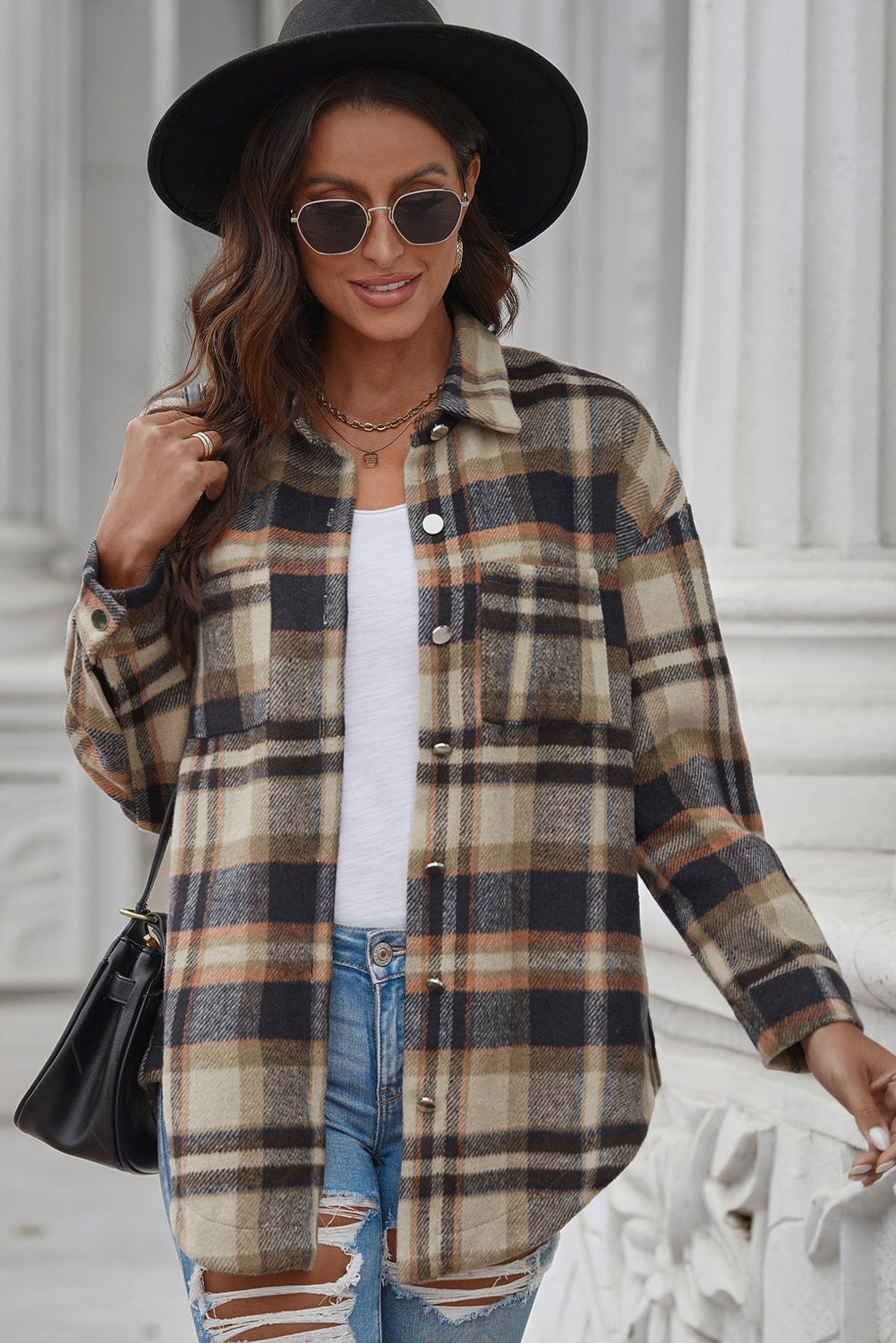 Aaarti&Destiny Full Size Plaid Curved Hem Dropped Shoulder Longline Shirt Jacket