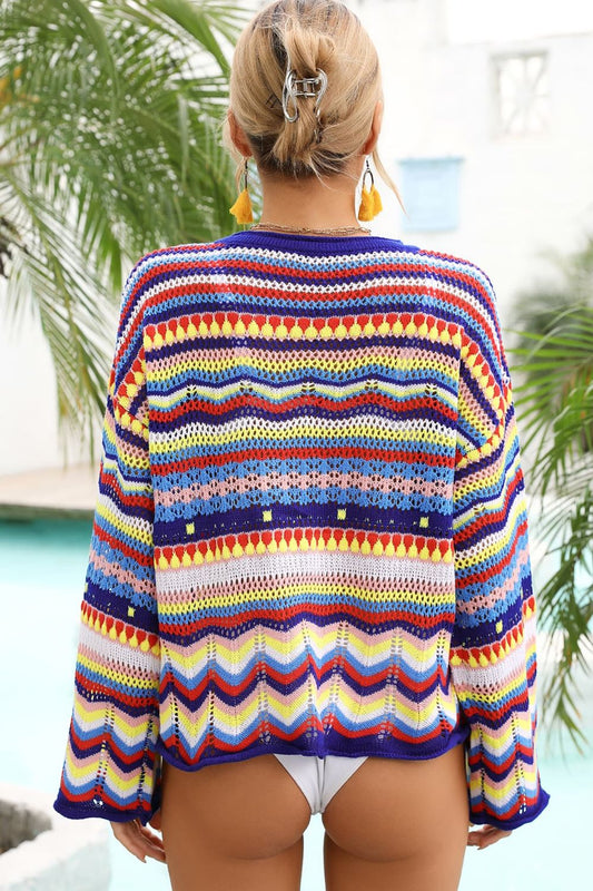 Women's Multicolored Stripe Round Neck Cover-Up