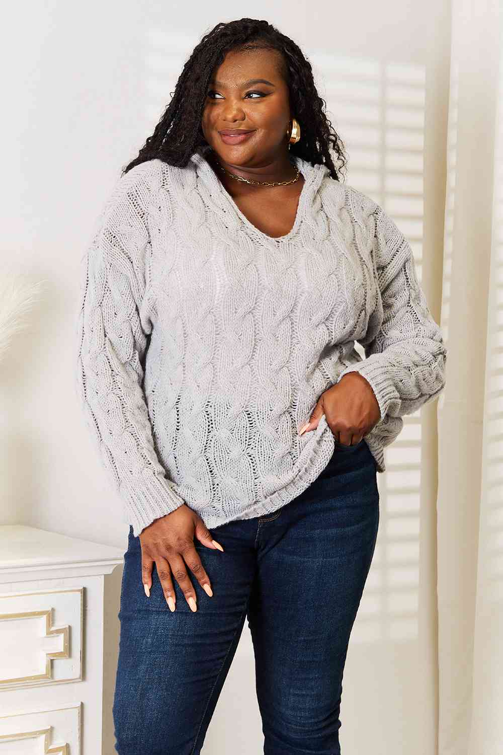 Woven Right Cable-Knit Hooded Sweater *