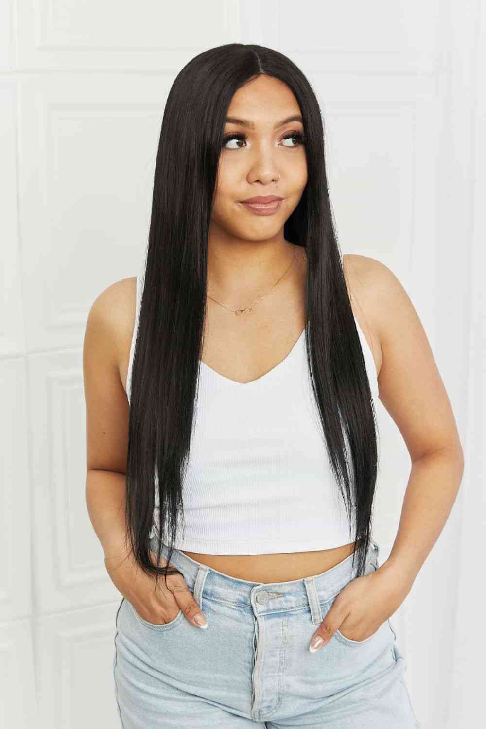 EMMOR 13*2" Long Lace Front Straight Synthetic Black Wigs 26" Long 150% Density (Cap Included)