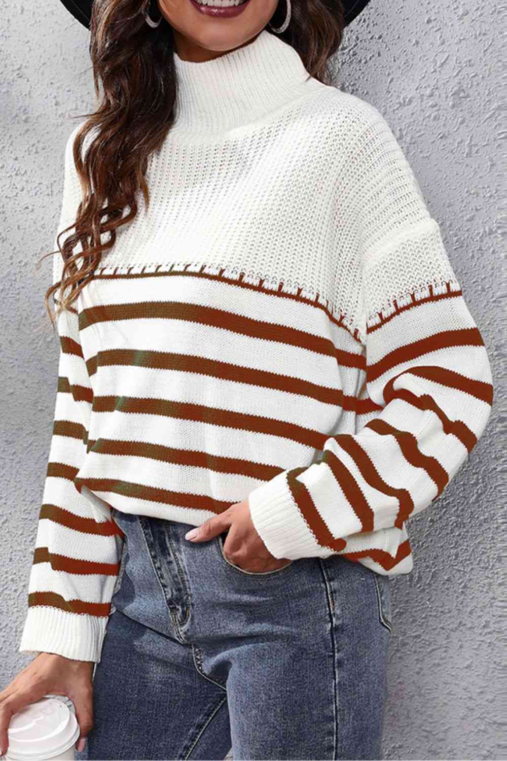 KnittedEmporium Striped Turtleneck Drop Shoulder Sweater