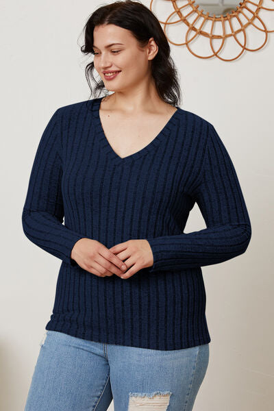 Basic Bae Full Size Ribbed V-Neck Long Sleeve T-Shirt *