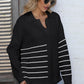 One Size Ribbed Notched Neck Striped Long Sleeve Sweater