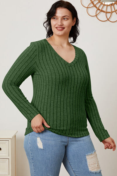 Basic Bae Full Size Ribbed V-Neck Long Sleeve T-Shirt *
