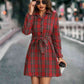 Plaid Tie Front Collared Neck Long Sleeve Dress