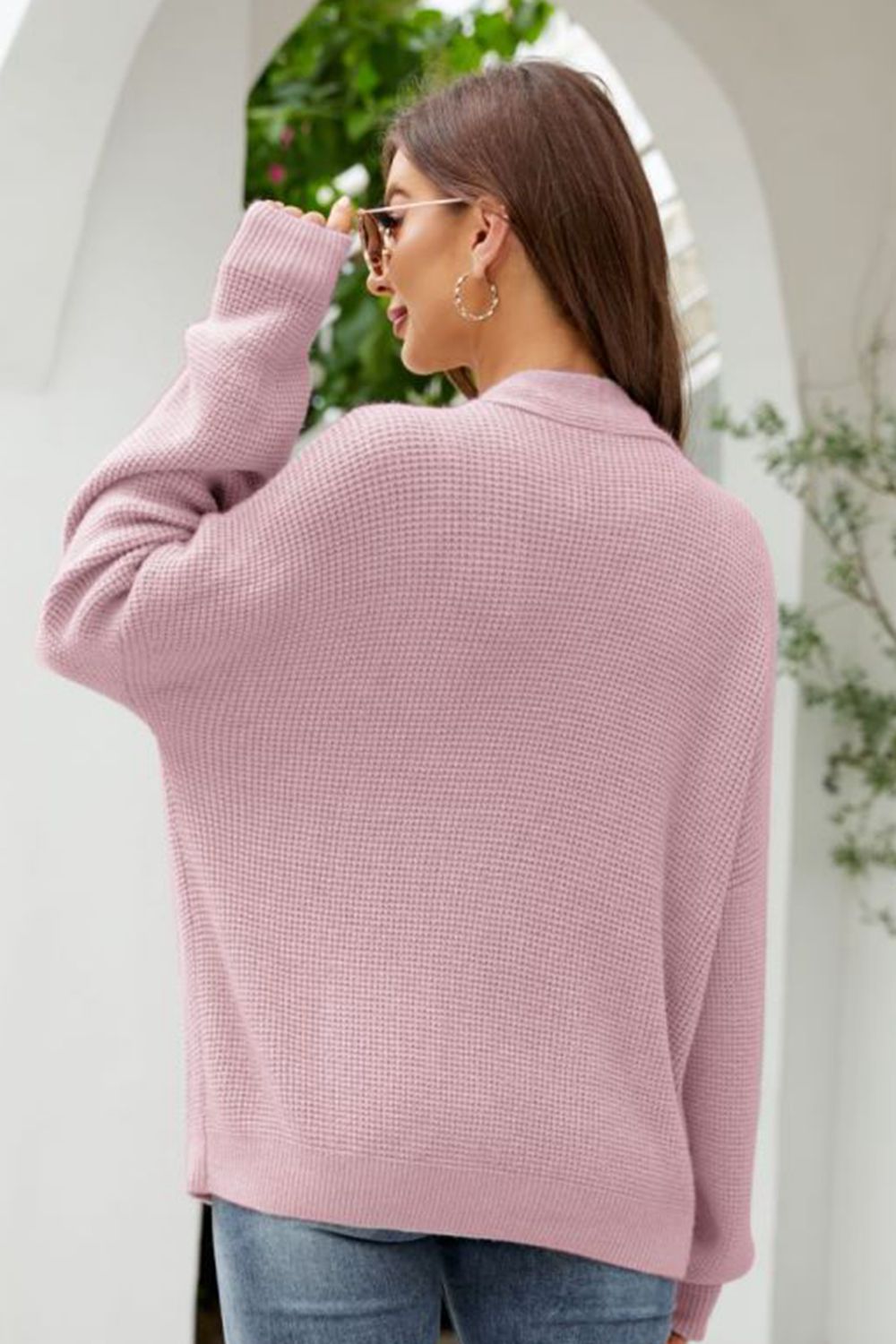 SkyMarie Waffle-Knit Dropped Shoulder Cardigan