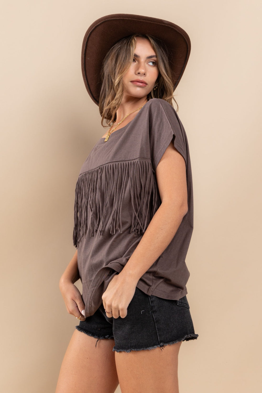 Ces Femme Fringe Detail Round Neck Short Sleeve Top *