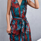 Women's Printed Zip Detail Belted Sleeveless Dress