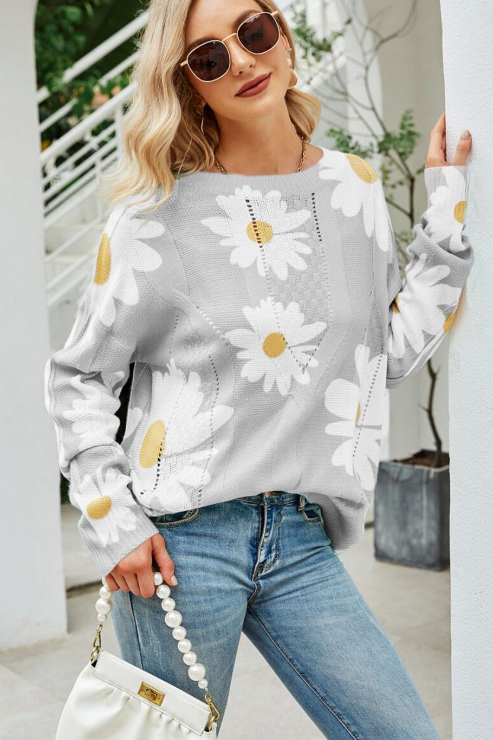 Women's Daisy Print Openwork Round Neck Sweater