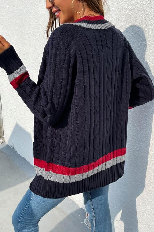 Charming Trends Dark Navy Open Front Striped Long Sleeve Cardigan