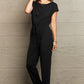 Black Boat Neck Short Sleeve Jumpsuit with Pockets