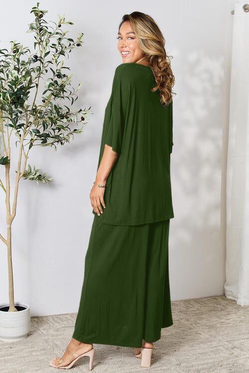 Double Take Full Size Round Neck Slit Top and Pants Set *