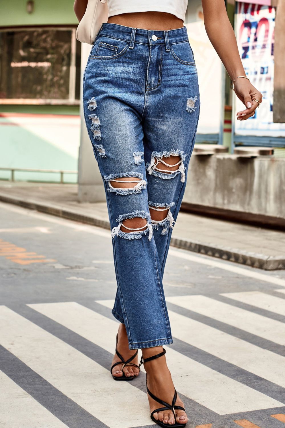 BeyondYou Distressed Buttoned Jeans with Pockets