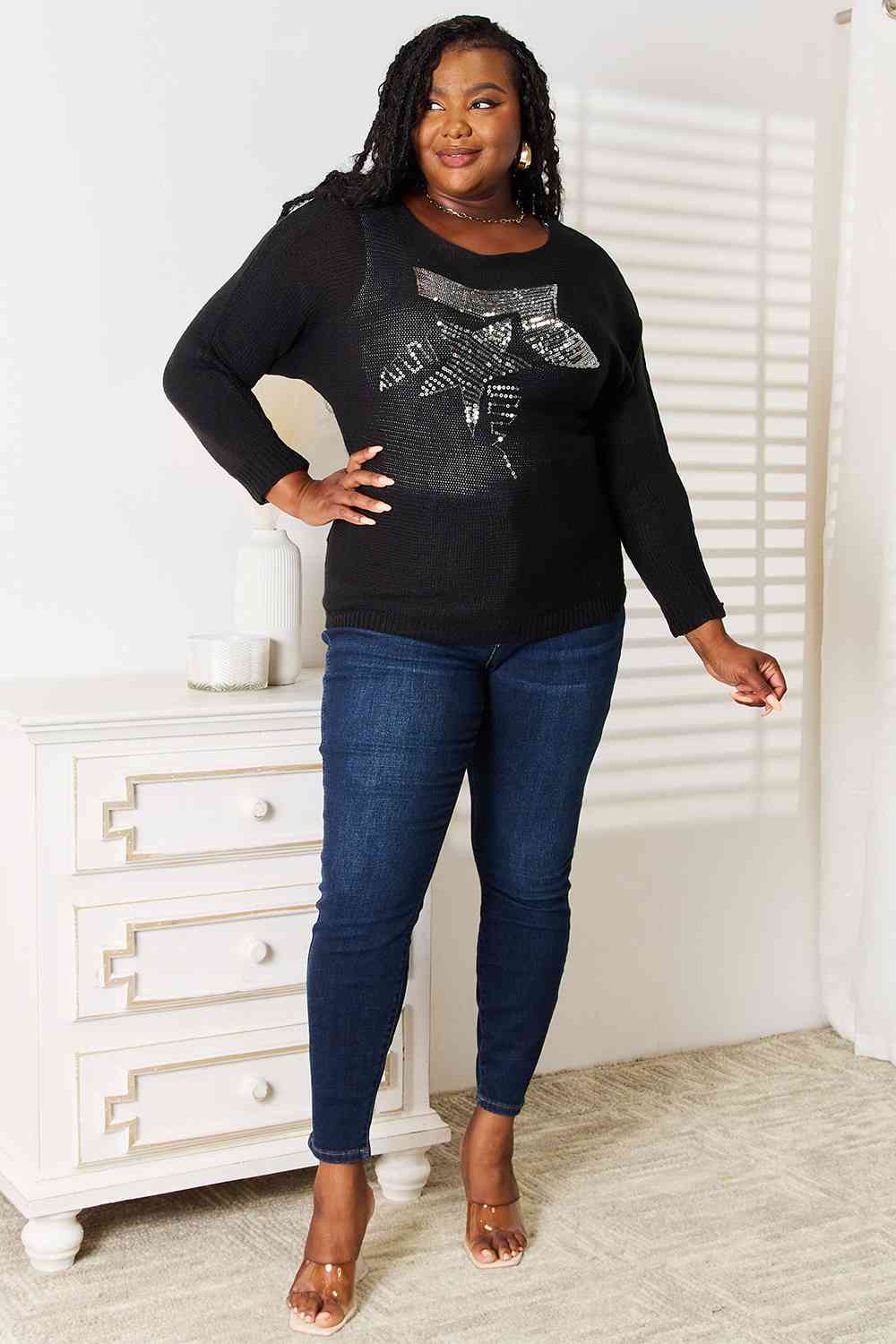 Double Take Sequin Graphic Dolman Sleeve Knit Top *