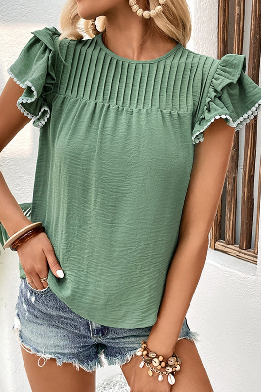 SO CHIC Pleated Detail Flutter Sleeve Blouse